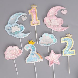 Birthday Cake Decoration Plugin Pink Moon Cloud Sparkle Heart Number One Two Children Baking Tag Ornament Festival Supplies
