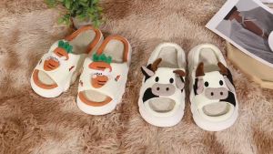 Four Seasons Indoor Slippers for Women: Home Cotton Linen Slippers Thick Bottom Anti-Slip Cute Cartoon Little Cow Slipper