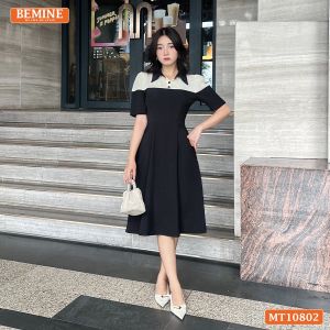 Đầm thiết kế BEMINE cổ sơ mi phối ren hoa dáng chữ A phù hợp đi làm-MT10802