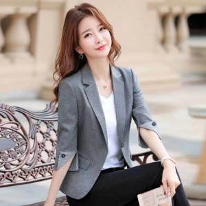 Chfeirno Women Korea Style Thin Blazer Coat 3/4 Sleeve Slim Long Sleeve Casual Suit Jacket