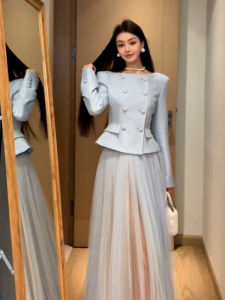 Blue Lace Dress Set High Waist A-Line Skirt Korean Style Commute Long Sleeve round Neck Double Button Pure Color Summer Dress