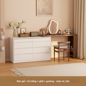 DONGMU | Bàn Trang Điểm Gỗ Phong Cách Kem Với Tủ Đầu Giường Điều Chỉnh Được