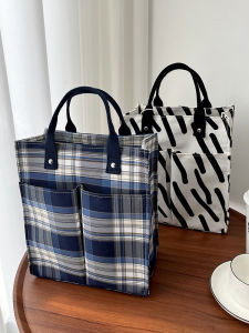 Large Capacity Canvas Tote Bag Womens Handbag Commuter Student Class Versatile Handheld Checkered Pattern Soft Shoulder Bag