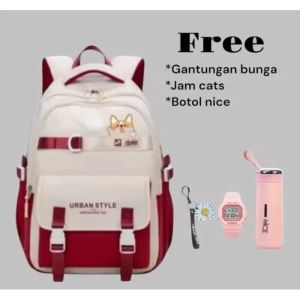 Tas sekolah ransel anak remaja SD SMP model urban style gratis botol minum kaca jam tangan gantungan tas bunga tas ransel