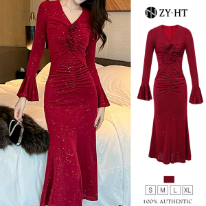 ZY.HT EraVogue Womens Dresses Red Sleeve Dresses V-neck Dresses Fishtail Dresses Shiny Dresses High Society Dresses Wedding Dresses Wedding Dresses France 30649