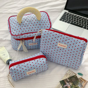 Blue Heart Shaped Large Capacity Cosmetic Bag Portable Makeup Pouch for Traveling Toiletry Set Womens Handheld Organizer