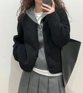 Áo Khoác Cardigan Dài Tay Rộng Rãi Cổ Tròn Lông Cừu Dày Dặn Cho Nữ Mùa Thu 2023 Áo Khoác Ngoài Ngắn Đa Năng