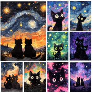 Jigsaw Puzzle for Adults 1000Pieces Black Cat Starry Night Artwork Mindful Game Stress Relief Decor Gift