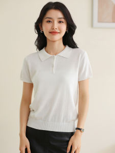 New Polo Neck Casual Loose Short Sleeve Womens Knitted Pure Cotton T-Shirt Comfortable Skin-friendly Classic Solid Color
