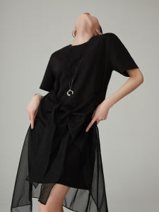 XIAODADEHUA | Black Mesh Waist Cinch Short Sleeve Casual Tunic Dress