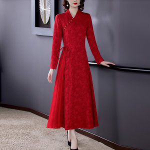 Autumn Winter V-neck Long Dress Tang Style Womens Fashion New 2024 Han Elements Reformed Version Hanfu Gown Chinese Vintage