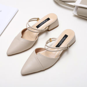 Womens mid Heel Sandals 2023 Spring Season Fashion Metallic Diamond Pointed Toe Half Wrap Slip-On Two-Way Wear Rubber Outsole