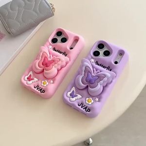 Potdemiel | Ốp Điện Thoại iPhone Silicon Hình Bướm Hoạt Hình 3D Có Giá Đỡ Thu Gọn Chống Sốc Tương Thích Với Nhiều Mẫu Máy