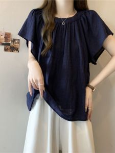 Flying Sleeve Navy Blue White Chiffon Short-Sleeved Shirt Womens Summer Plus Size Plus Size Ladies Belly Covering Shirt Baby Shirt Top