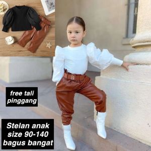 (LOLI-JKT) BS-279 SET ANAK CEWEK CELANA KULIT COKLAT ATASAN PULLOVER SIZE 90-140