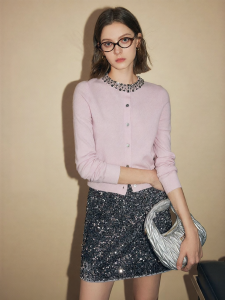 FAMANXUAN | Hand-embellished Pink Merino Wool Knit Cardigan Female Round Neck