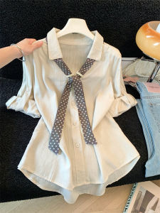 White Dots Turn-Down Collar Short Sleeve Slim Fit Womens Shirt