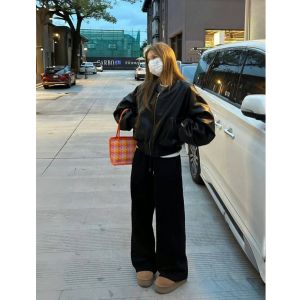 White Fleece Lined Straight Leg Sweatpants Womens Casual Trousers Korean Style Slimming Black Pants Spring Autumn New Arrival