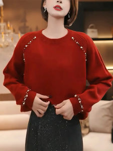 QINGNAER | Elegant and Stylish Paillette Red Round Neck Sweater
