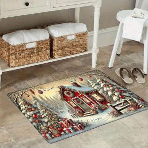 Winter Christmas Cottage Doormat Non-Slip Entryway Mat Festive Front Door Foyer Rug Holiday Party Decor Home Decoration