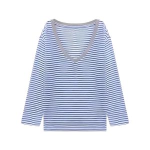 YUEZHONGWEI | Blue V-neck Striped Ice Silk Long Sleeve Sun Protection T-shirt Women Summer Thin Micro-permeable Outer Covering Air Conditioning Shirt Breathable Top