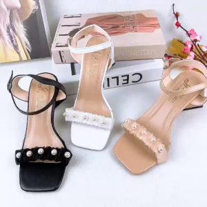 Giày sandal nữ cao gót tam giác 6.5cm quai ngang dún kết châu SD101