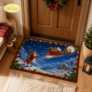 VIKAMA Christmas Doormat Winter Cottage Snowman and Reindeer Print Non-Slip Entryway Mat Festive Decorative Rug Home Decor