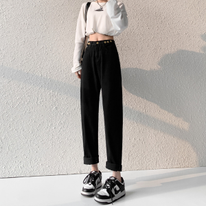 High-Waist Wide-Leg Cotton Denim Jeans for Women Spring/Autumn White Hip-Ankle Length with Zipper and Button Details