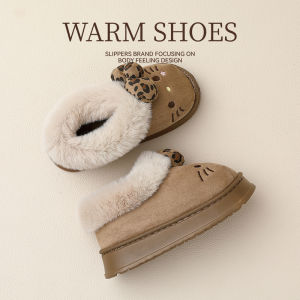 Dép Bông KT Cat Dành Cho Nữ Mùa Đông Đế Dày Chống Trượt Lông Cừu Cao Đến Mắt Cá Chân Dép Cotton Đế Xuồng Đế Bằng