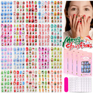 120pcs Christmas Children Fake Nails+File Stripe&Jelly Sticker Santa ClausSnowmanSnowflakes Round Press On Nails Xmas Kid Gift