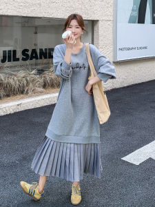 Gray Korean Loose Lazy Style Womens Dress Sweater Dress Autumn New Arrival Fake Two-Piece Pleated Long Sleeve Casual Dress
