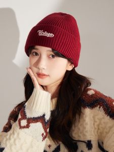 Winter All-Matching Woolen Cap Female Elegant Show White & Wine Red Knitted Hat High Quality Original Heattech Pullover Hat Male