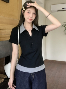 plus Size Cotton Polo Neck Short Sleeve T-Shirt American Color Block Slim Fit Summer Top Womens Fashion Comfortable Commute Style