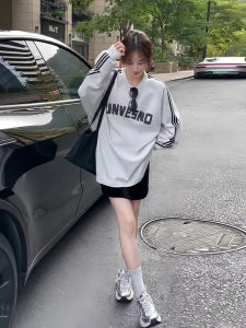 Loose Long Sleeve Sweatshirt Womens round Neck Letter Print Comfortable Casual Style Mid-Length Slimming Top for Autumn