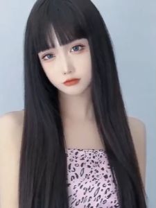 Wanita wig rambut panjang poni udara temperamen rambut lurus panjang alami dan realistis wajah berbulu dipangkas penutup wig kepala penuh