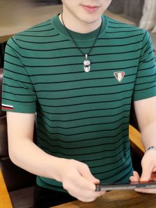 HENGYUANXIANG | Hengyuanxiang Mens Short Sleeve T-shirt Knitted Summer New Style Casual Lightweight Breathable Standard Fit Round Neck Stripe