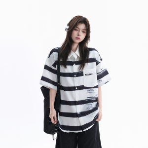 zuocisankon | Áo Sơ Mi Ngắn Tay Dáng Rộng Đôi Stripe Xanh và Trắng Cho Mùa Hè