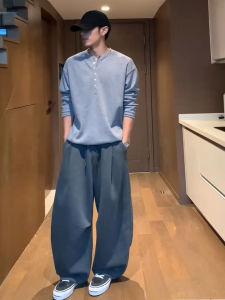 Deep Grey Pleated Casual Pants Mens Autumn American Loose Straight Leg Sports Leisure Long Trousers Lazy Style Wide Leg Pants