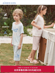 Aimix Kids Summer Sleepwear Short Sleeve Overhead Mosquito Proof Pajamas Seven-Foot Pants Boys Girls Home Clothes Pyjamas