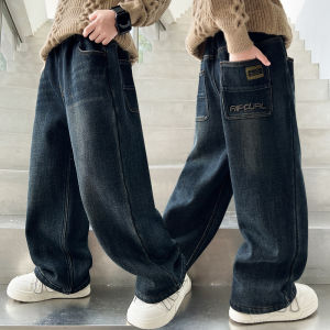 Boys spring and autumn loose wide-leg jeans with elastic waistband real pockets embroidery straight-leg denim jeans pants trousers suitable for ages 4-14
