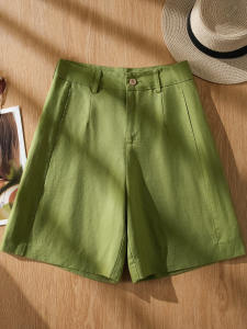 XIANGHOUMINCHU | Green 5-inch Hemp Tencel Shorts Women Casual Outdoor
