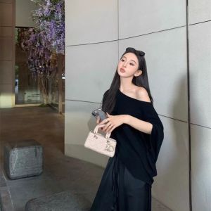 Áo Thun Dệt Kim Tay Ngắn Dáng Rộng Hở Vai Mùa Hè Cho Nữ Áo Len Cardigan Rộng Rãi Thoải Mái Phong Cách Mới 2025