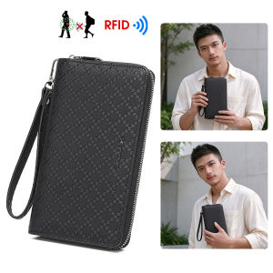 MENSPE Fashion Long Wallet Men Long PU Leather Wallet RFID Blocking Anti-theft Zipper Purse Detachable Wrist Strap Large Capacity Card Holder
