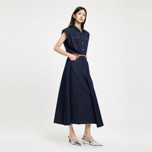 DESIGNICE | Sleeveless Raw Color Tencel Dresses Slimming Waist Cinched Denim