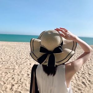 Straw Hat Summer Beach Hat for Women Cap Ribbon Sunlock Hat Female Vacation Big Brim Seaside