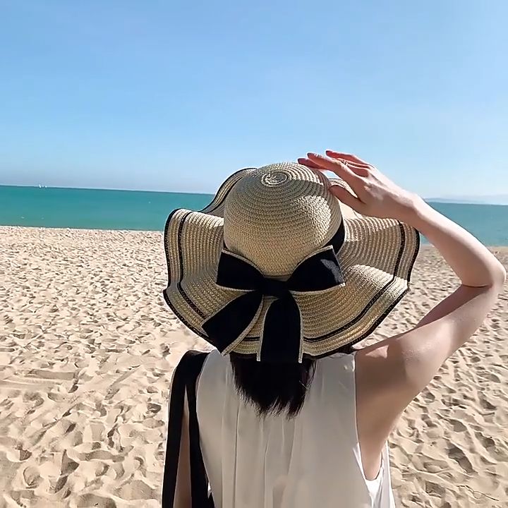 Straw Hat Summer Beach Hat for Women Cap Ribbon Sunlock Hat Female