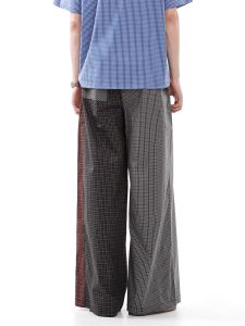 American Retro Unregular Plaid Color Block Elastic Waist Wide Leg Casual Pants Men Straight Leg Trousers Youth Fashion Polyester Fiber