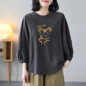 Autumn New Loose Fit round Neck Cotton T-Shirt 7/8 Sleeve Casual Versatile plus Size Pure Cotton Comfortable Womens Top