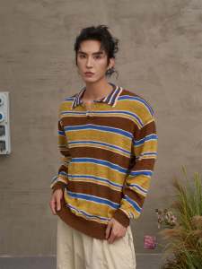 เสื้อสเวตเตอร์คอโปโลลายทางหลวมๆ สไตล์เกาหลีสำหรับผู้ชาย ทรงหลวมๆ แขนยาว ฤดูใบไม้ร่วง 2024 คอกลม