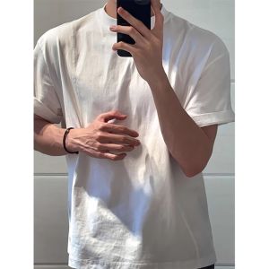 เสื้อยืดคอกลมแขนสั้นผ้าฝ้ายยาวสไตล์อเมริกันสำหรับผู้ชาย Pure Black Cleanfit Summer ทรงหลวม ทรงหลวม สวมใส่สบาย